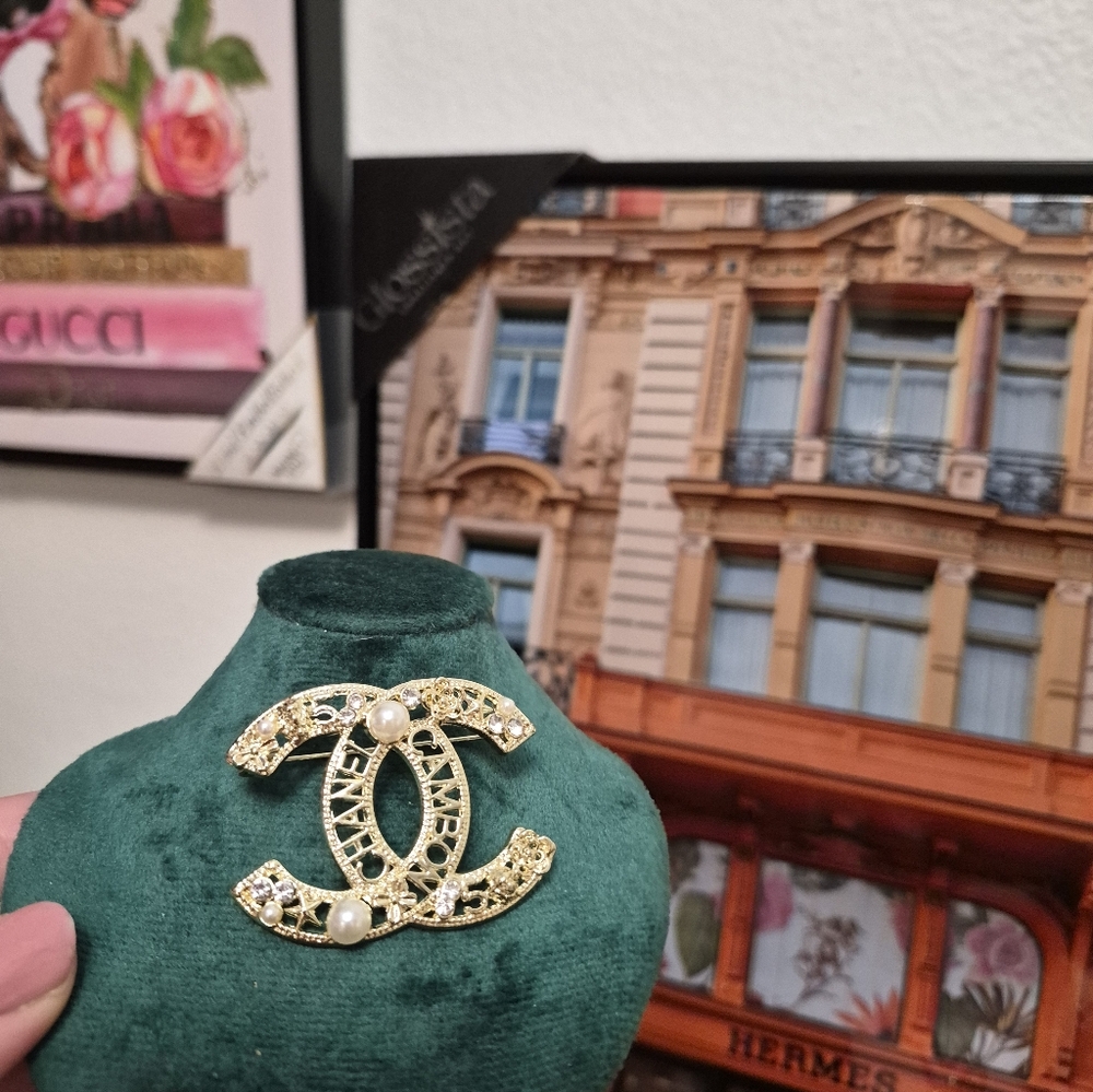 Rare CHANEL Cambon Gold Brooch with Pearls and Crystals